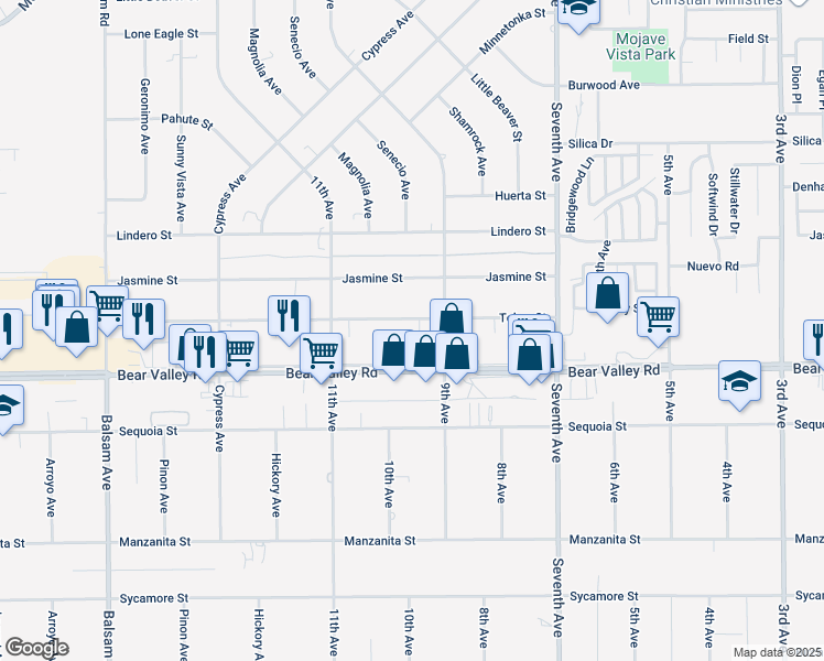map of restaurants, bars, coffee shops, grocery stores, and more near 15858 Bear Valley Road in Victorville
