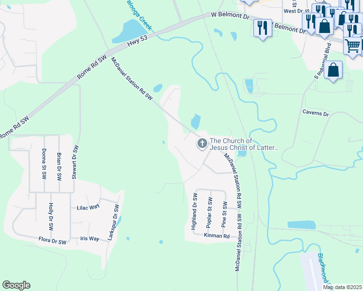 map of restaurants, bars, coffee shops, grocery stores, and more near 155 Techview Drive Southwest in Calhoun