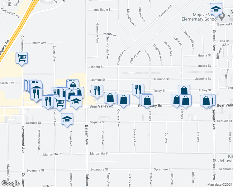 map of restaurants, bars, coffee shops, grocery stores, and more near 15483 Tokay Street in Victorville