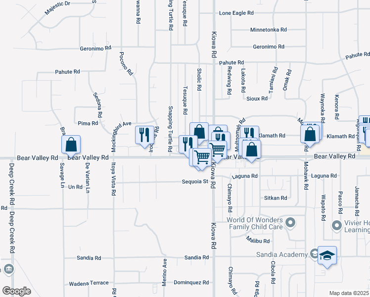 map of restaurants, bars, coffee shops, grocery stores, and more near 20786 Bear Valley Road in Apple Valley
