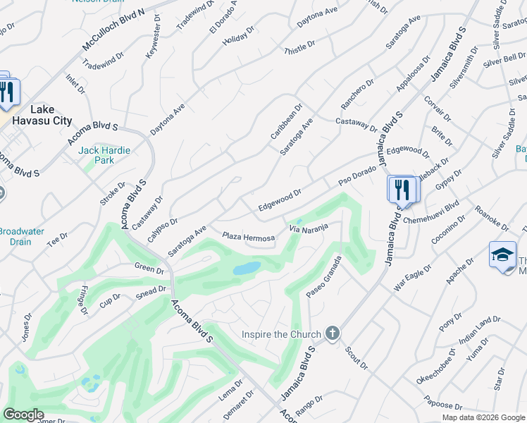 map of restaurants, bars, coffee shops, grocery stores, and more near 2590 Paseo Dorado in Lake Havasu City