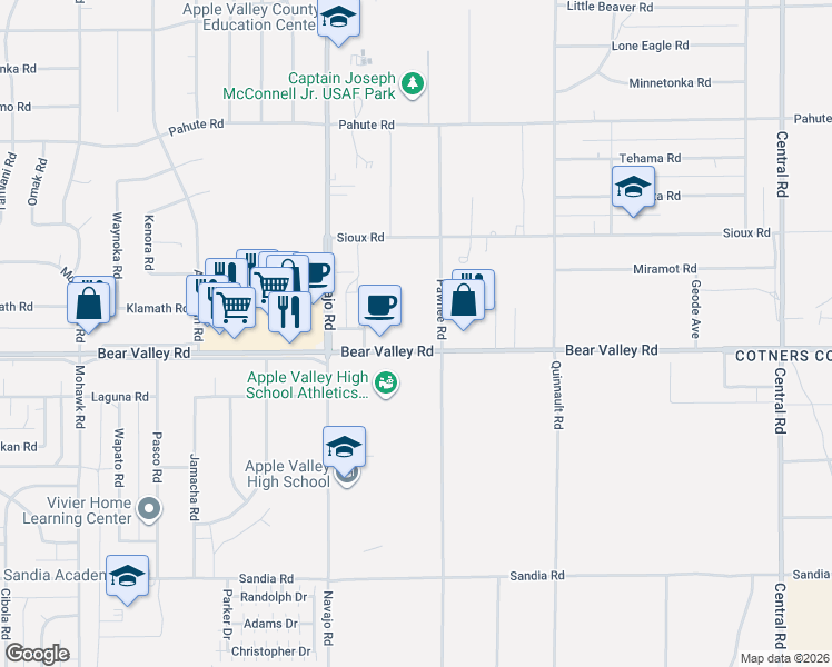map of restaurants, bars, coffee shops, grocery stores, and more near 21788 Bear Valley Road in Apple Valley