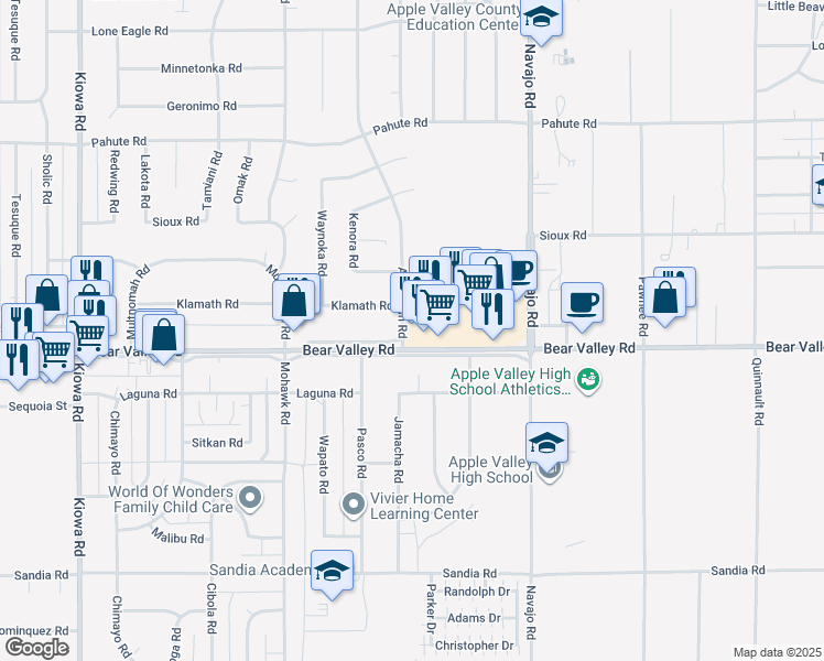 map of restaurants, bars, coffee shops, grocery stores, and more near 21469 Bear Valley Outerhighway South in Apple Valley