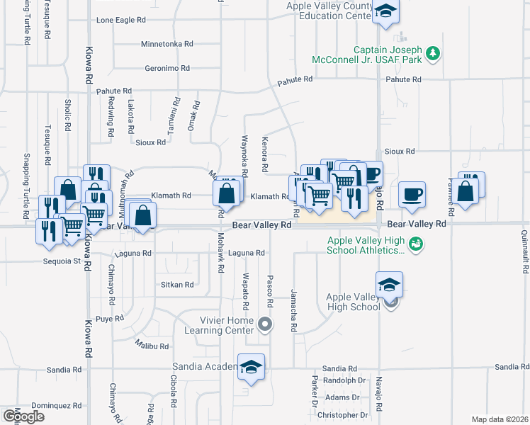 map of restaurants, bars, coffee shops, grocery stores, and more near 3880 Bear Valley Outerhighway North in Apple Valley