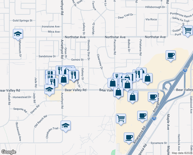 map of restaurants, bars, coffee shops, grocery stores, and more near 12196 Big Dipper Circle in Victorville