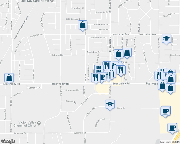 map of restaurants, bars, coffee shops, grocery stores, and more near 12160 Stonegate Drive in Victorville