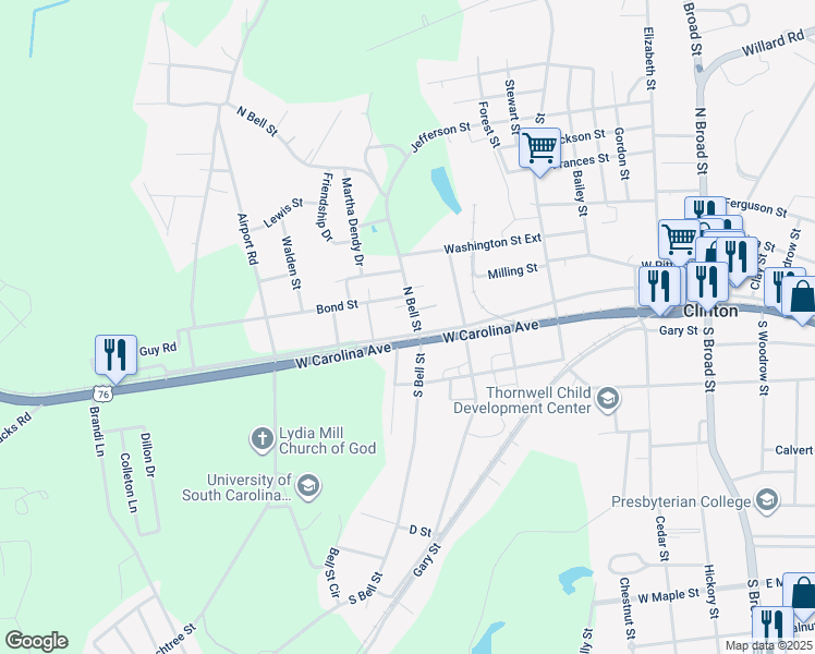 map of restaurants, bars, coffee shops, grocery stores, and more near 603 West Carolina Avenue in Clinton