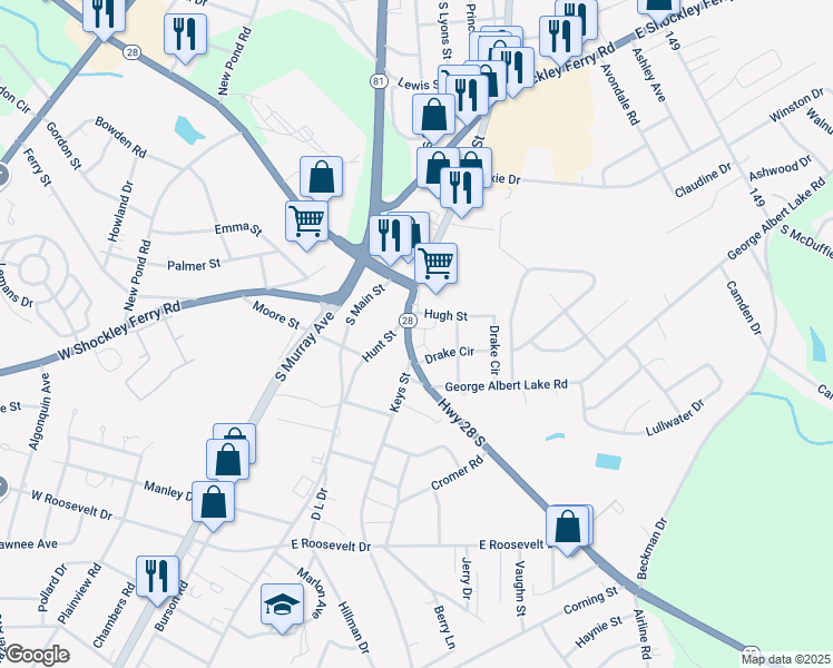 map of restaurants, bars, coffee shops, grocery stores, and more near 2900 Abbeville Highway in Anderson