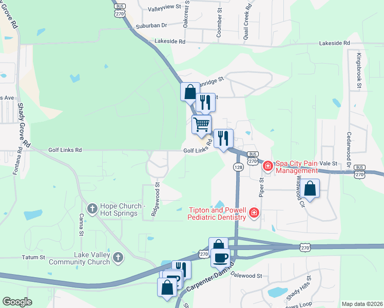 map of restaurants, bars, coffee shops, grocery stores, and more near 1316 Golf Links Road in Hot Springs
