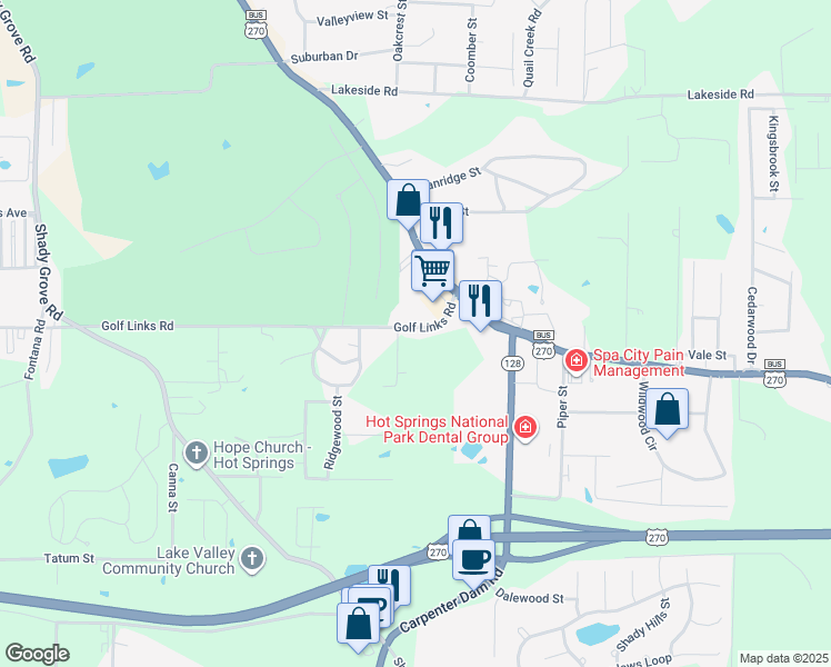 map of restaurants, bars, coffee shops, grocery stores, and more near 1316 Golf Links Road in Hot Springs