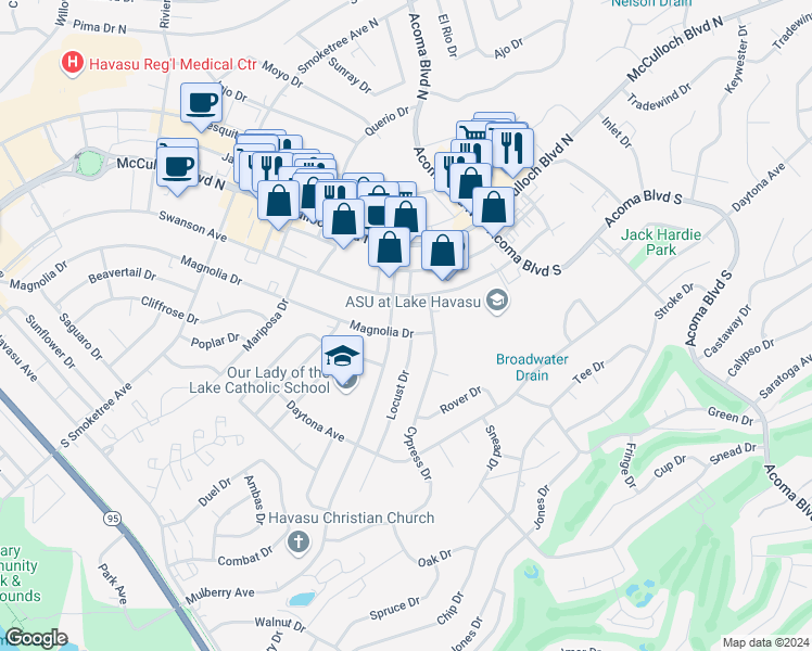 map of restaurants, bars, coffee shops, grocery stores, and more near in Lake Havasu City