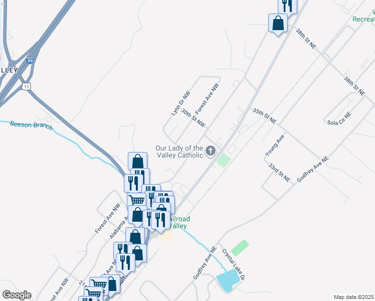 map of restaurants, bars, coffee shops, grocery stores, and more near 2804 Alabama Avenue Northwest in Fort Payne