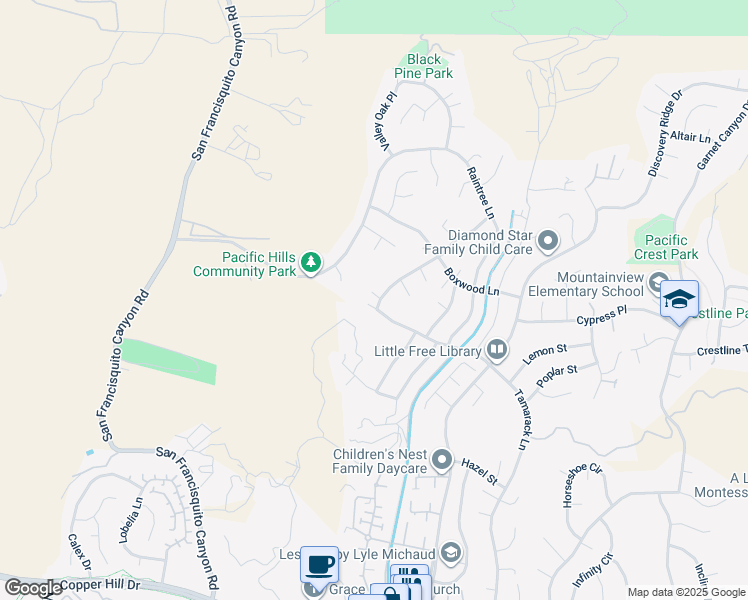 map of restaurants, bars, coffee shops, grocery stores, and more near 22865 Tamarack Lane in Santa Clarita