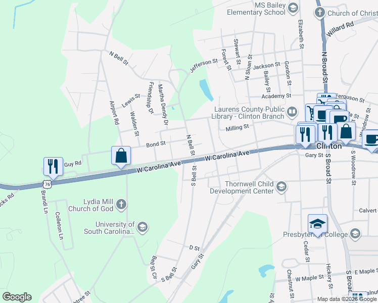 map of restaurants, bars, coffee shops, grocery stores, and more near 111 North Bell Street in Clinton