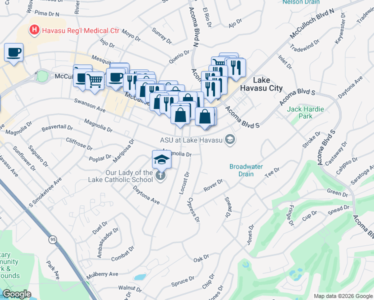 map of restaurants, bars, coffee shops, grocery stores, and more near 2094 Swanson Avenue in Lake Havasu City