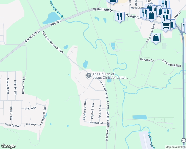 map of restaurants, bars, coffee shops, grocery stores, and more near 446 McDaniel Station Road Southwest in Calhoun