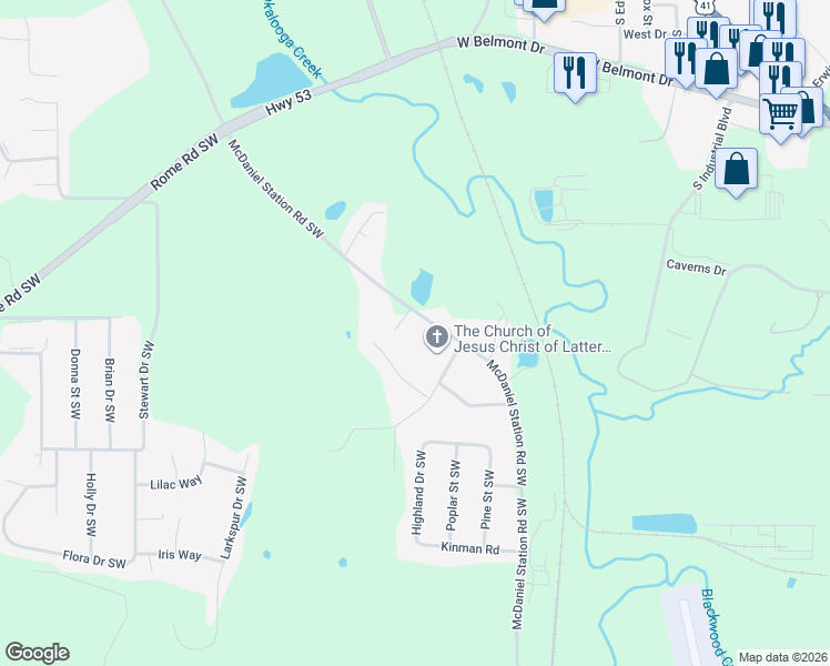 map of restaurants, bars, coffee shops, grocery stores, and more near 434 McDaniel Station Road Southwest in Calhoun
