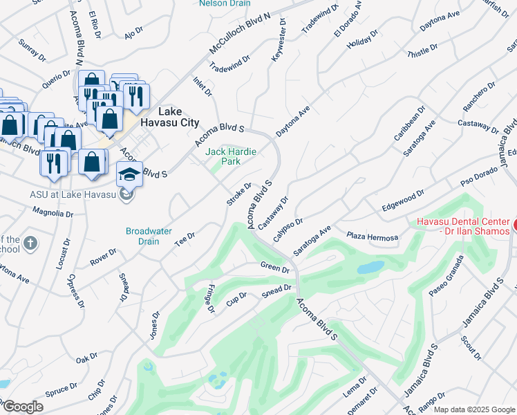 map of restaurants, bars, coffee shops, grocery stores, and more near 296 Acoma Boulevard South in Lake Havasu City