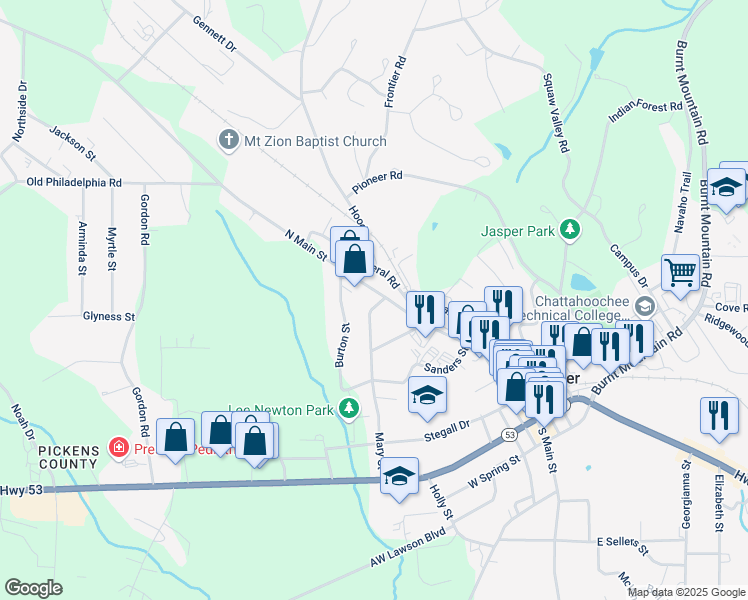 map of restaurants, bars, coffee shops, grocery stores, and more near 193 Old Federal Road in Jasper