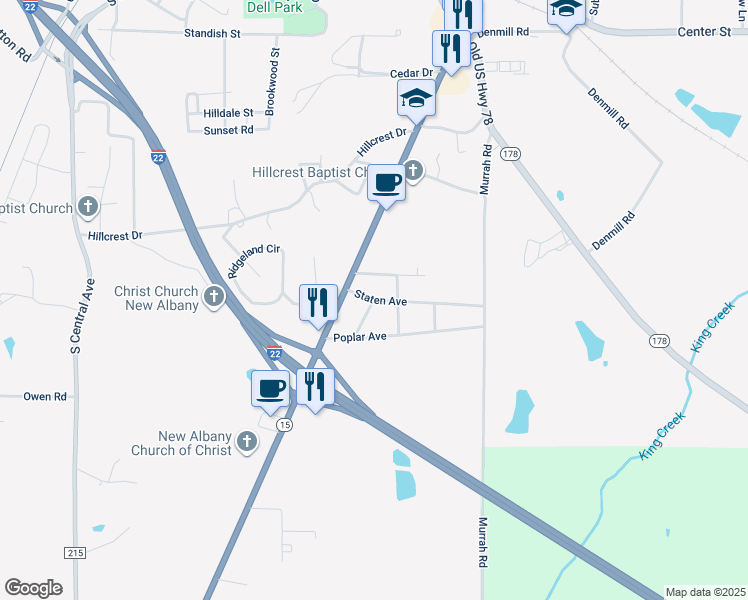 map of restaurants, bars, coffee shops, grocery stores, and more near 401 Longview Drive in New Albany