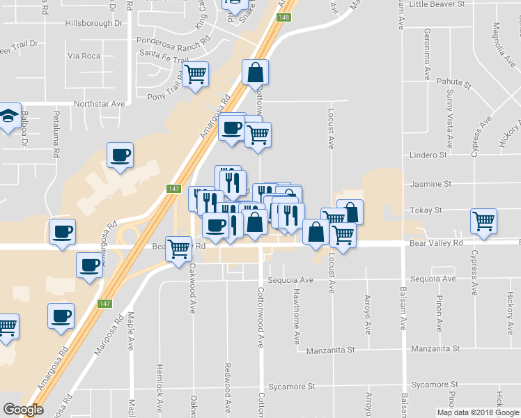 map of restaurants, bars, coffee shops, grocery stores, and more near 12617 Tokay Street in Victorville