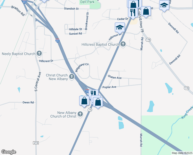 map of restaurants, bars, coffee shops, grocery stores, and more near 408 Woodland Drive in New Albany