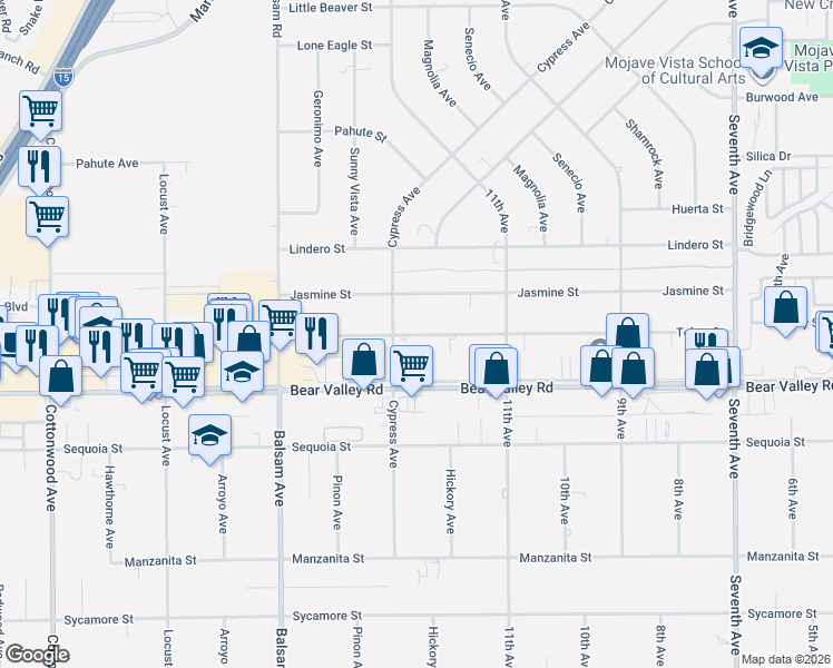 map of restaurants, bars, coffee shops, grocery stores, and more near Tokay Street in Victorville