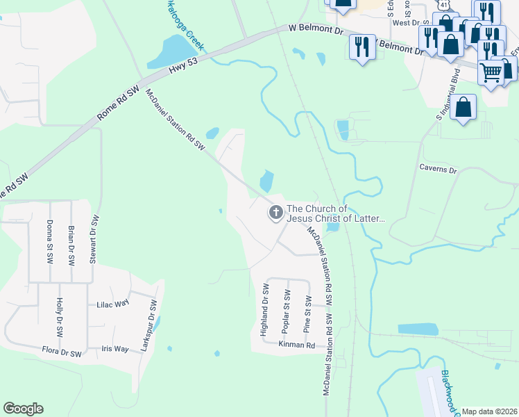 map of restaurants, bars, coffee shops, grocery stores, and more near 385 McDaniel Station Road Southwest in Calhoun