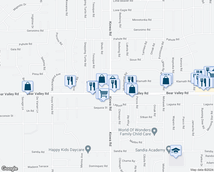 map of restaurants, bars, coffee shops, grocery stores, and more near 12150 Kiowa Road in Apple Valley