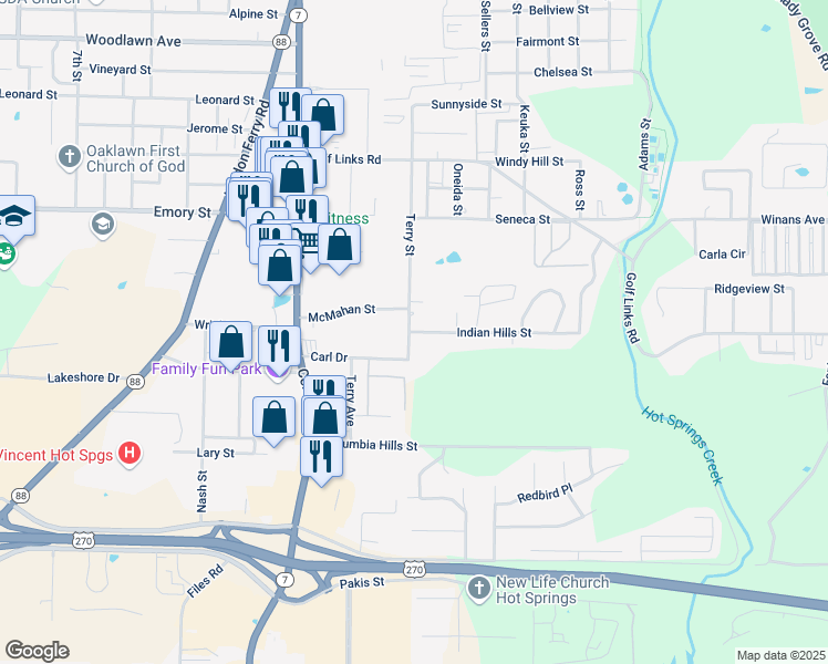 map of restaurants, bars, coffee shops, grocery stores, and more near 687 Terry Street in Hot Springs