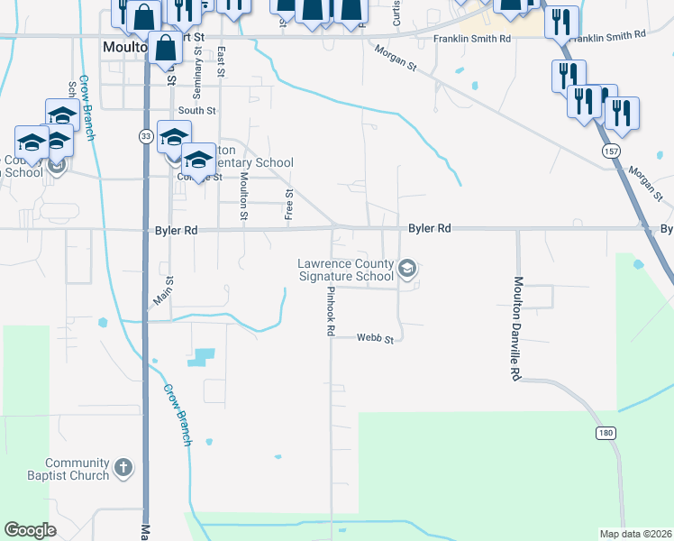 map of restaurants, bars, coffee shops, grocery stores, and more near 713 Taylor Street in Moulton