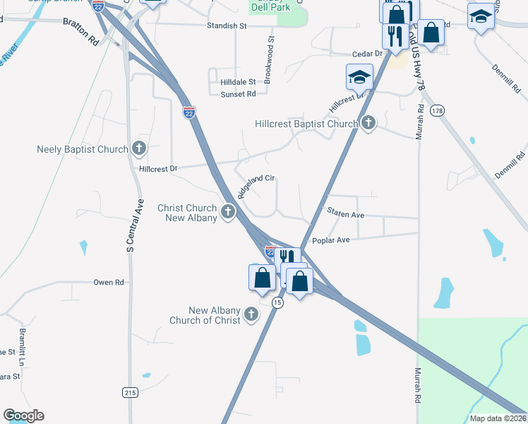 map of restaurants, bars, coffee shops, grocery stores, and more near 611 Hillcrest Cove in New Albany