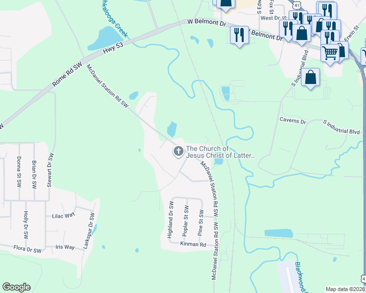 map of restaurants, bars, coffee shops, grocery stores, and more near 434 McDaniel Station Road Southwest in Calhoun