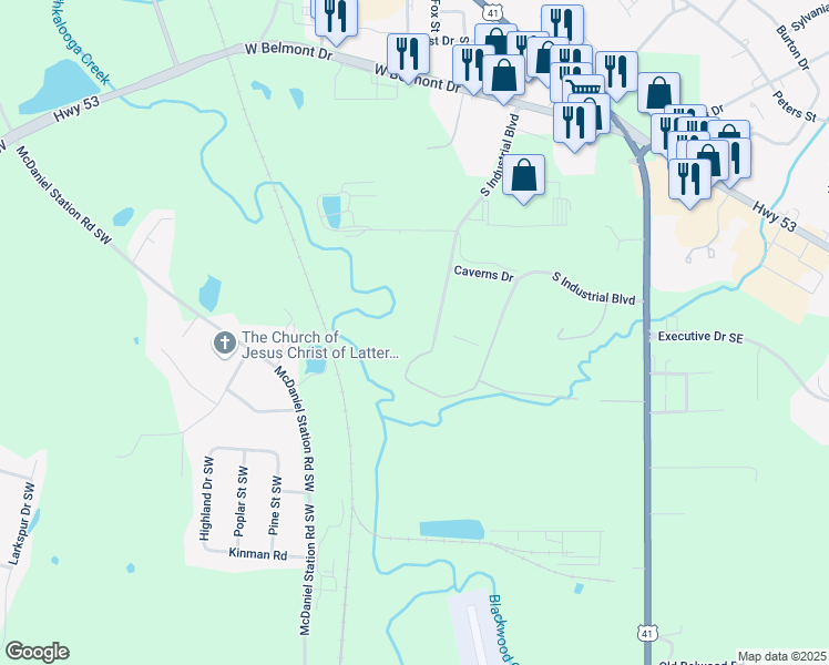 map of restaurants, bars, coffee shops, grocery stores, and more near 160 South Industrial Boulevard in Calhoun