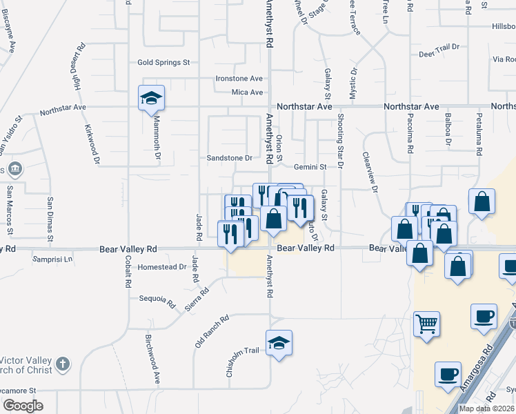 map of restaurants, bars, coffee shops, grocery stores, and more near 13668 Glenmere Way in Victorville