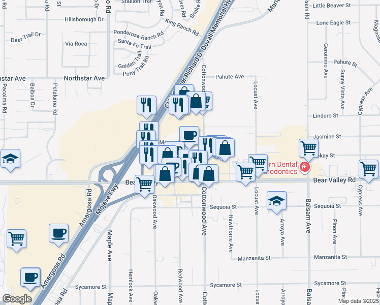 map of restaurants, bars, coffee shops, grocery stores, and more near 14845 Monarch Boulevard in Victorville