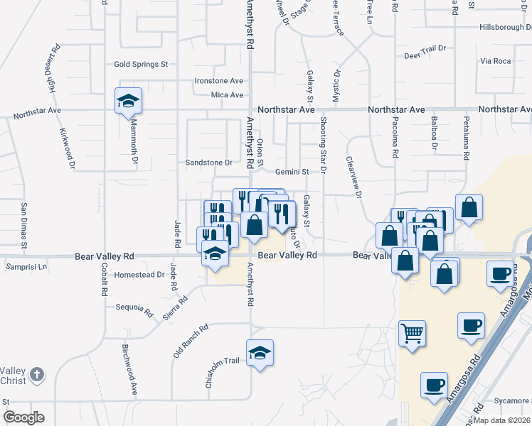map of restaurants, bars, coffee shops, grocery stores, and more near 13740 Helena Drive in Victorville