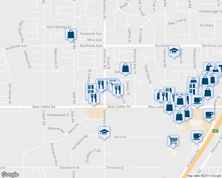 map of restaurants, bars, coffee shops, grocery stores, and more near 13740 Helena Drive in Victorville