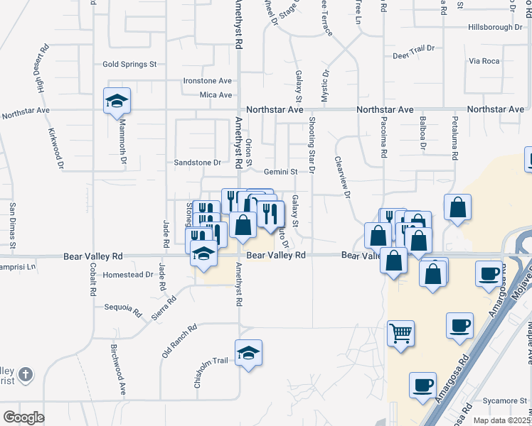map of restaurants, bars, coffee shops, grocery stores, and more near 13772 Helena Drive in Victorville