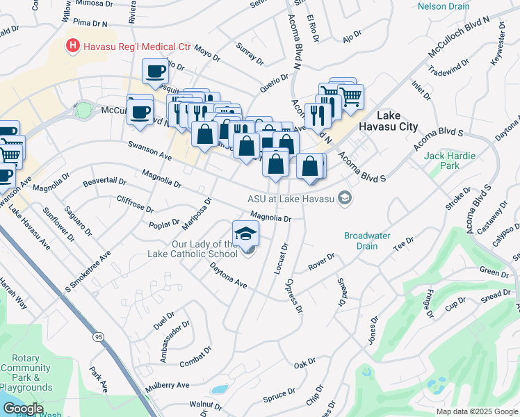map of restaurants, bars, coffee shops, grocery stores, and more near 2076 Swanson Avenue in Lake Havasu City