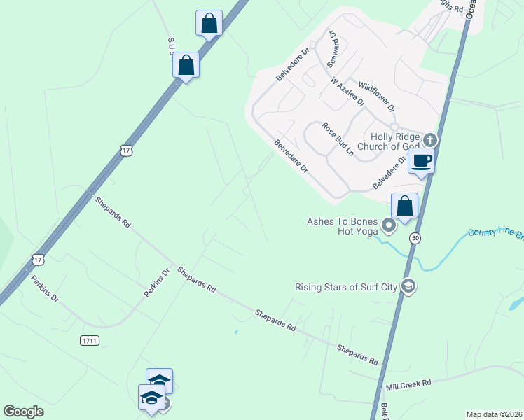 map of restaurants, bars, coffee shops, grocery stores, and more near 118 Merry Lane in Holly Ridge