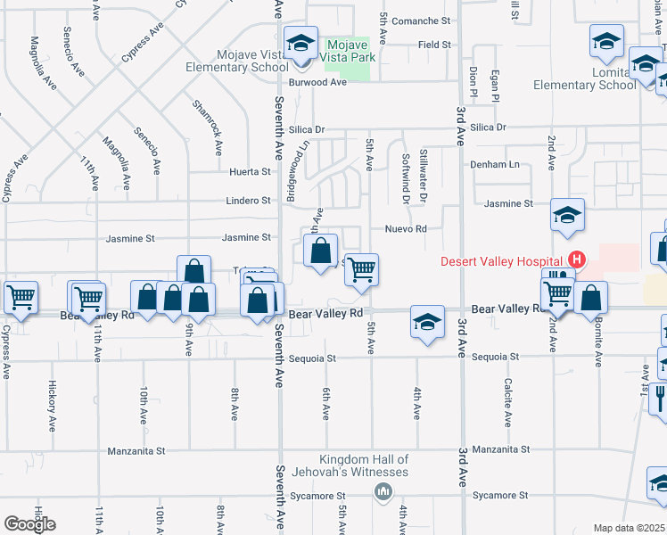 map of restaurants, bars, coffee shops, grocery stores, and more near 16217 Tokay Street in Victorville