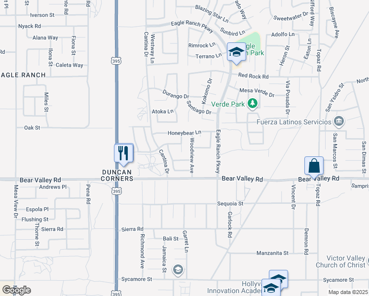 map of restaurants, bars, coffee shops, grocery stores, and more near 12321 Georgia Court in Victorville