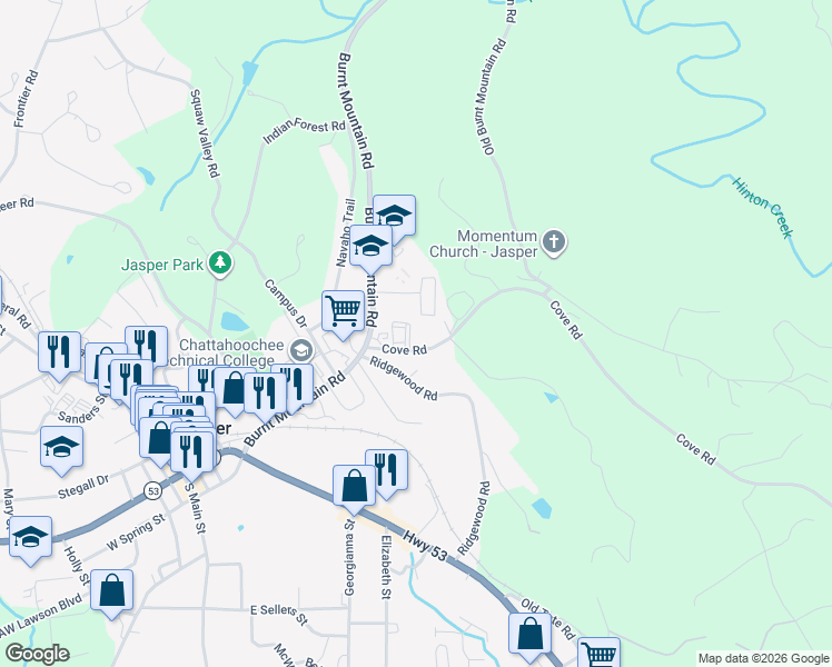 map of restaurants, bars, coffee shops, grocery stores, and more near 99 Cove Road in Jasper