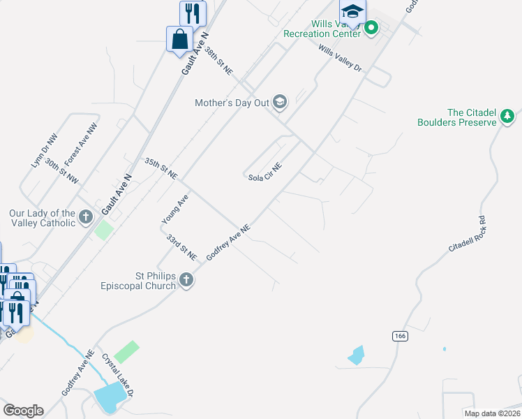 map of restaurants, bars, coffee shops, grocery stores, and more near 3605 Godfrey Avenue Northeast in Fort Payne
