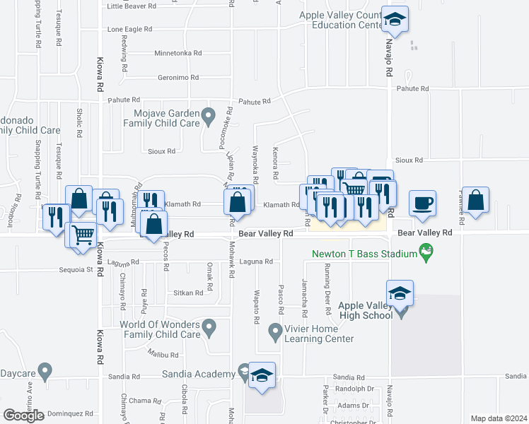map of restaurants, bars, coffee shops, grocery stores, and more near 21355 Klamath Road in Apple Valley