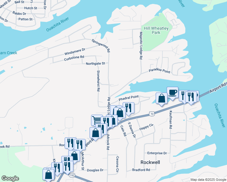 map of restaurants, bars, coffee shops, grocery stores, and more near 100 Springwood Road in Rockwell