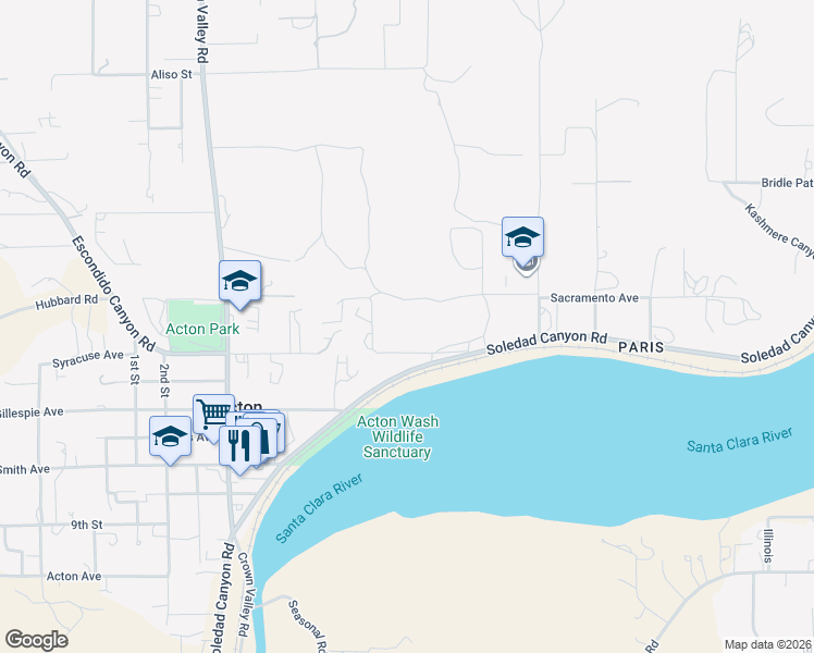 map of restaurants, bars, coffee shops, grocery stores, and more near 2 Soledad Canyon Road in Acton