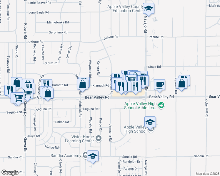 map of restaurants, bars, coffee shops, grocery stores, and more near 21490 Klamath Road in Apple Valley