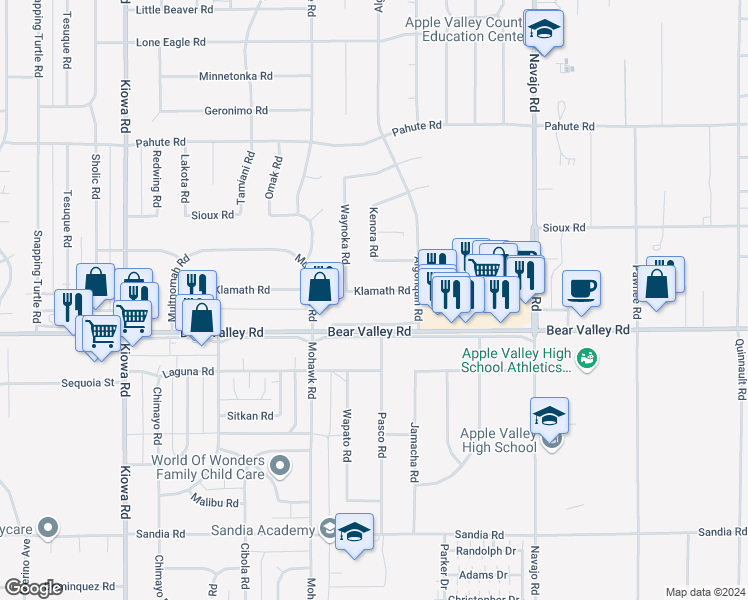 map of restaurants, bars, coffee shops, grocery stores, and more near 21410 Klamath Road in Apple Valley